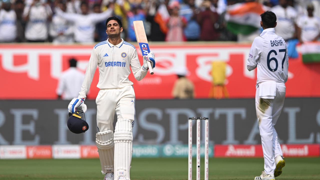 India batsman Shubman Gill celebrates his centu during day three of the 2nd Test Match between India and England at ACA-VDCA Stadium on February 04, 2024 in Visakhapatnam, India. (Photo by Stu Forster/Getty Images)
