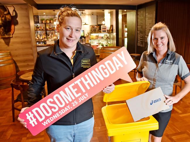 (L-R) Rebecca Law from Shoebox Revolution & Allison Williams from Diggers at Long Jetty on Tuesday July 17th. Patrons at Diggers are getting behind Shoebox Revolution - a charity that encourages people to grab an old shoe box and fill it with a few essentials that could help someone who is living on the street. (AAP IMAGE / Troy Snook)