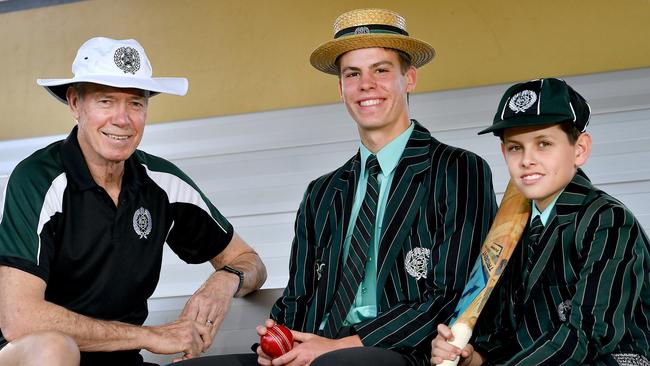 Former Australian cricket coach John Buchanan, who will coach Brisbane Boys College, with James Alexander and Bailey Beachy-Head. Picture, John Gass