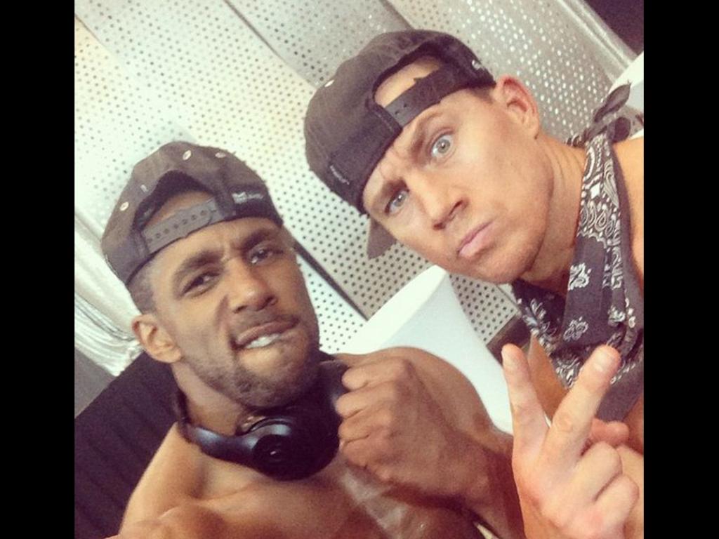 Stephen “Twitch” Boss on the set of Magic Mike with co-star Channing Tatum. Picture: Supplied