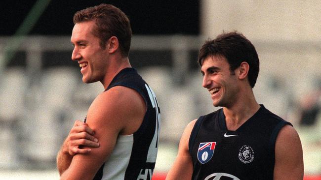 Anthony Koutoufides and Scott Camporeale, right, at Carlton training in 1999.