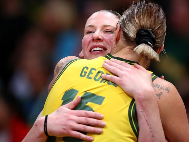 Lauren Jackson and Cayla George celebrate the Opals winning the bronze medal at the 2022 Women’s World Cup in Sydney. Photo: Kelly Defina/Getty Images.