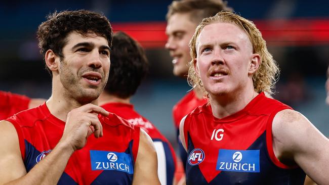 MELBOURNE, AUSTRALIA - APRIL 29: Clayton Oliver and Christian Petracca of the Demons are seen during the 2023 AFL Round 07 match between the Melbourne Demons and the North Melbourne Kangaroos at the Melbourne Cricket Ground on April 29, 2023 in Melbourne, Australia. (Photo by Dylan Burns/AFL Photos via Getty Images)