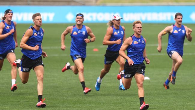 The Bullodgs work on their run throughs at Whitten Oval. Picture: Getty Images