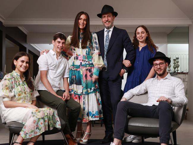 Rabbi Levi Wolff, Chief Minister of The Central Synagogue in Sydney, at home with his wife Chanie, and children, Leah, 21, Moshe, 15, Rochel, 12, and Ephraim, 19. Picture: Justin Lloyd.