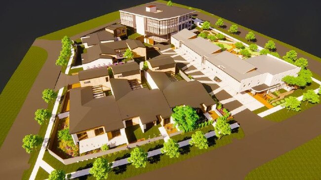 A bird’s eye view of the development depicting five townhouses, health centre and childcare centre. Picture: Judd Studio