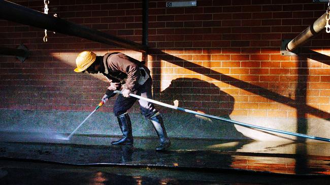 An apprentice jockey cleans out the stables as part of his daily duties after early morning trackwork. Picture: Peter Clark