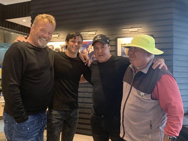 Construction giant Lou Zivanovic, potential boxing superstar Brock Jarvis, Jeff Fenech and his old mate Con at lunch at Jeff Fenech's home in Five Dock. Picture: Supplied