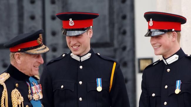 Prince Philip, Duke of Edinburgh with Prince William and Prince Harry in 2006 in Sandhurst, England. Picture: Getty