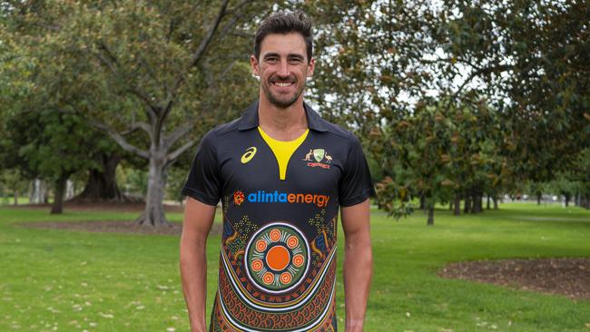 Mitchell Starc shows off Cricket Australia’s Indigenous cricket strip for the Summer. Picture: Supplied.