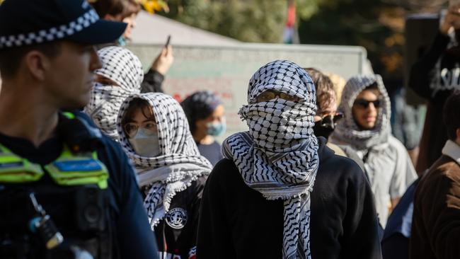 Pro-Palestinian protesters near Melbourne University on Thursday. Picture: Jason Edwards