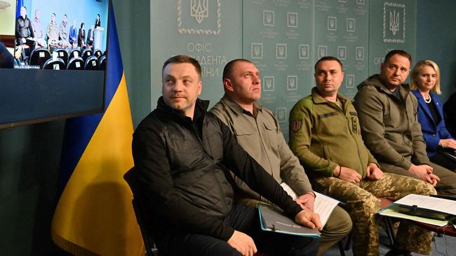 Head of Ukraine's military intelligence Kyrylo Budanov, pictured in the middle. Picture: Sergei Supinsky/AFP