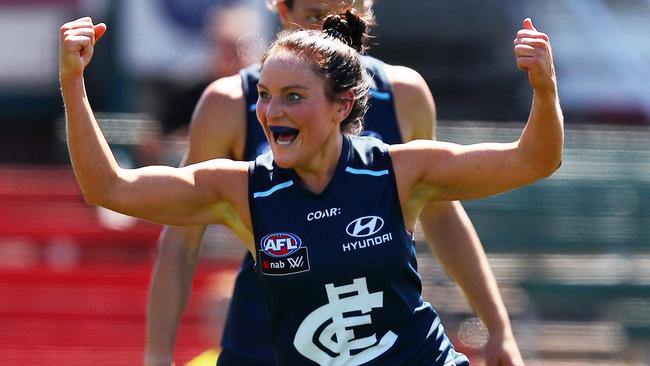 Shea Audley celebrates a goal for Carlton. Picture: Michael Klein