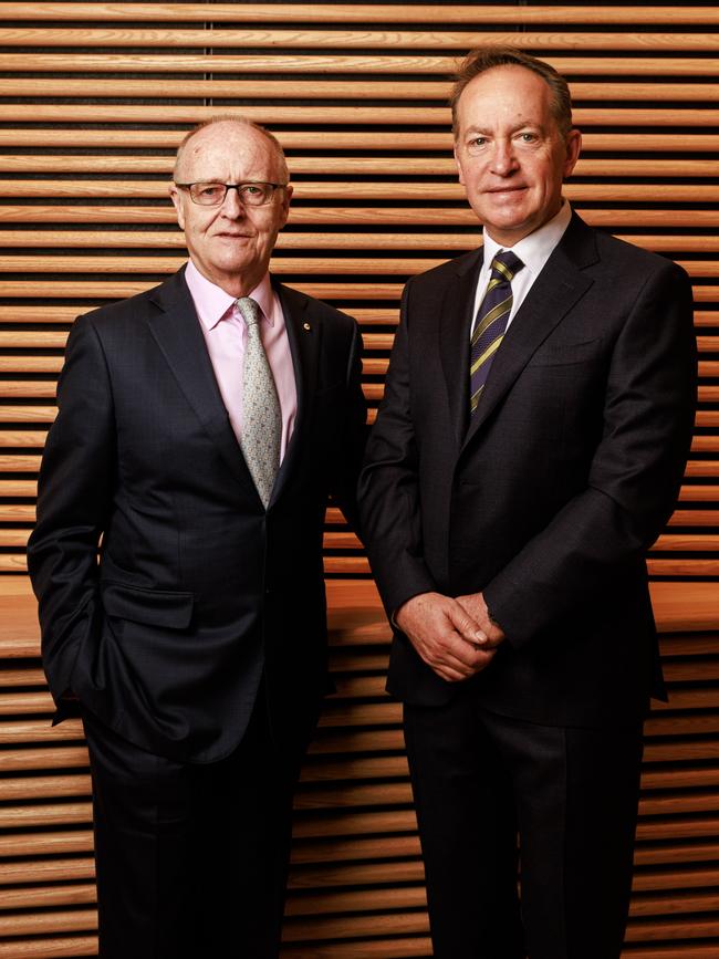 Lendlease’s retiring chairman Michael Ullmer and his successor John Gillam. Picture: Aaron Francis