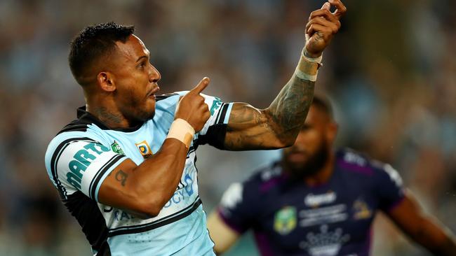 Shark's Ben Barba celebrates scoring a try during the 2016 NRL Grand Final between the Cronulla Sharks and the Melbourne Storm at ANZ Stadium , Homebush . Picture : Gregg Porteous