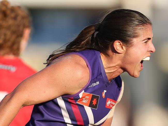 PERTH, AUSTRALIA - NOVEMBER 09: Gabby O'Sullivan of the Dockers celebrates a goal during the AFLW Elimination Final match between Fremantle Dockers and Essendon Bombers at Fremantle Oval, on November 09, 2024, in Perth, Australia. (Photo by Paul Kane/AFL Photos/via Getty Images)