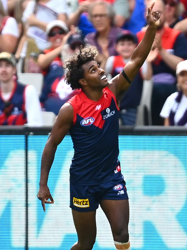 Kysaiah Pickett points to the sky after kicking the game’s first goal. Picture: Quinn Rooney/Getty Images