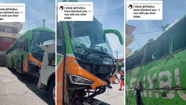 Sinead Curry had to crawl out of a bus wreck after it crashed into cars and rolled down an embankment on her way to Rome. Picture: Tiktok