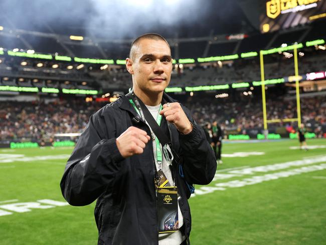 Australian light middleweight boxer Tim Tszyu poses on field before the round one NRL match at Allegiant Stadium, Picture: Getty Images via AFP