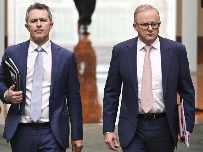 Jason Clare and Prime Minister Anthony Albanese during Question Time at Parliament House in Canberra. Picture: Martin Ollman