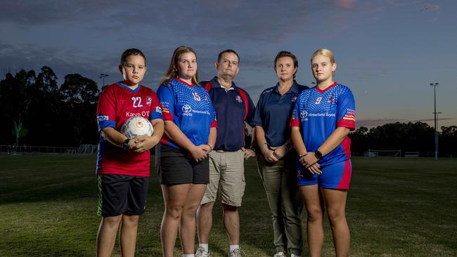 Like many, the Lyon family of Scott, Janette, Brodie, 10, Sarah, 13, and Hayley 14, are waiting to hear when community football will resume on the Gold Coast. Picture: Jerad Williams