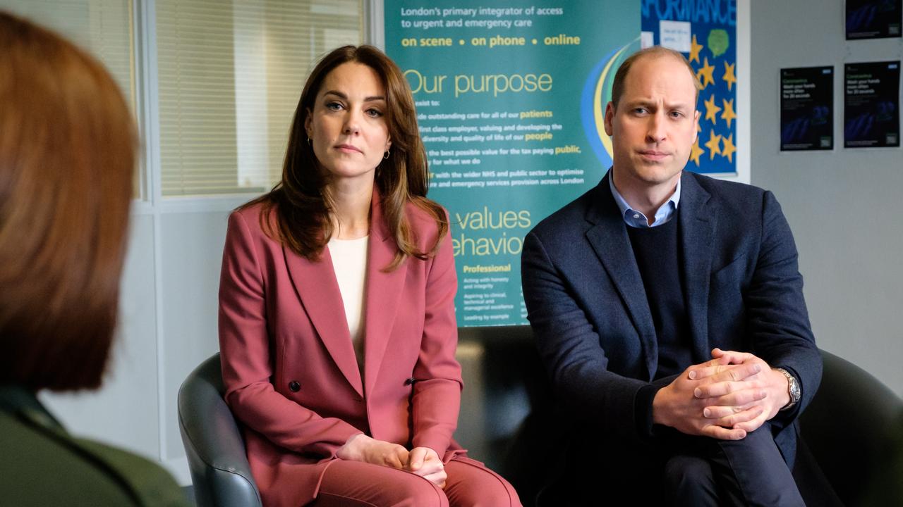 The Royal couple sported concerned expressions as they discussed how emergency staff are coping with the pressure of the global health crisis. Picture: Getty Images.