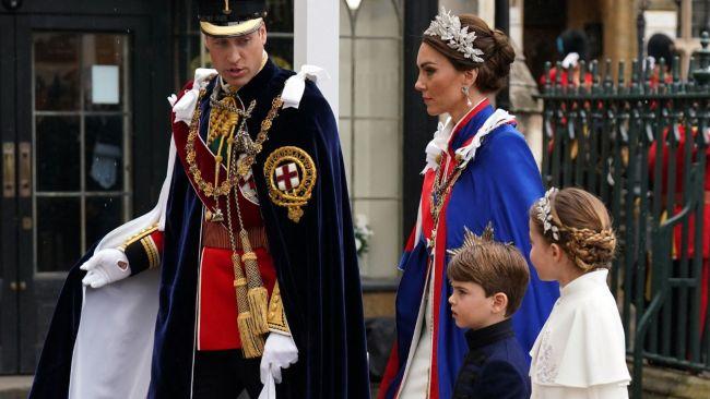 Prince William, Catherine and the children arrive at the coronation. Image: AFP