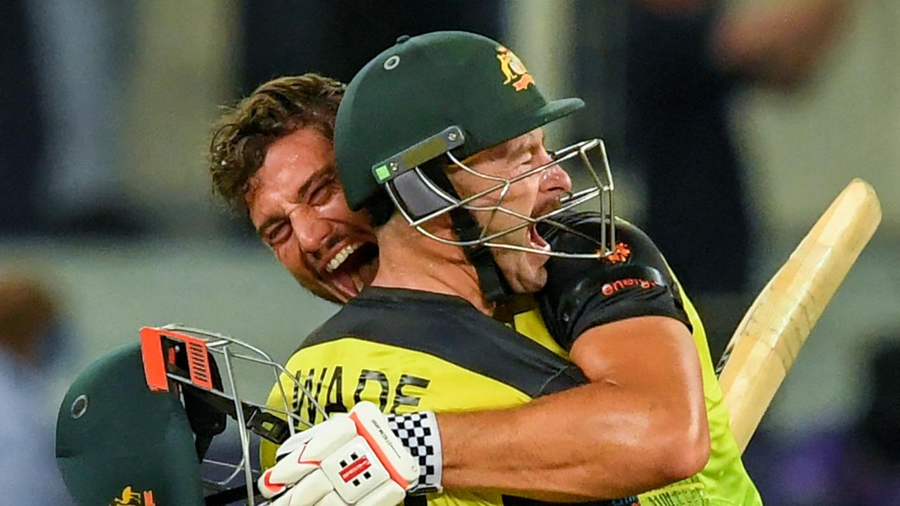 Marcus Stoinis and Matthew Wade celebrate winning their way into the final. Picture: AFP