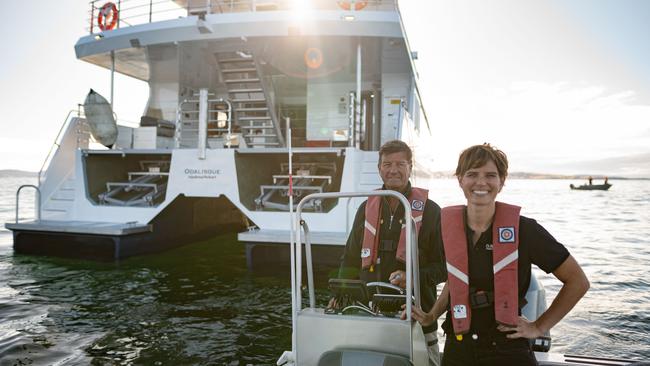 On Board’s Pieter and Alice van der Woude, in front of Expedition vessel Odalisque. Photo: Brad Harris