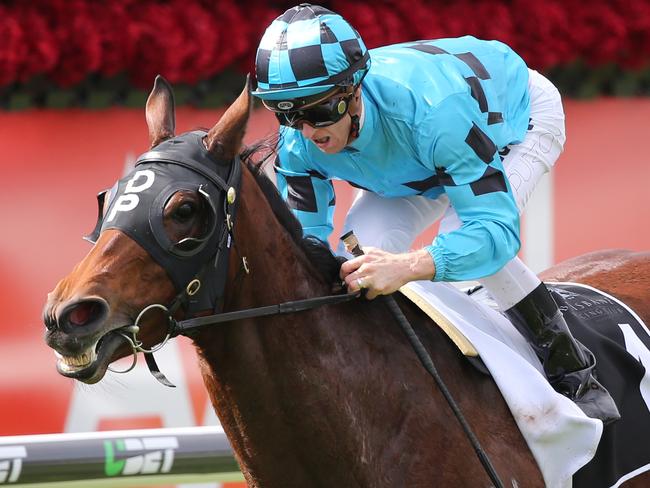 Races at Eagle Farm, Stradbroke day. Winner of race 3, Jockey Zac Purton aboard number 4, Cradle Me. Pic Jono Searle.