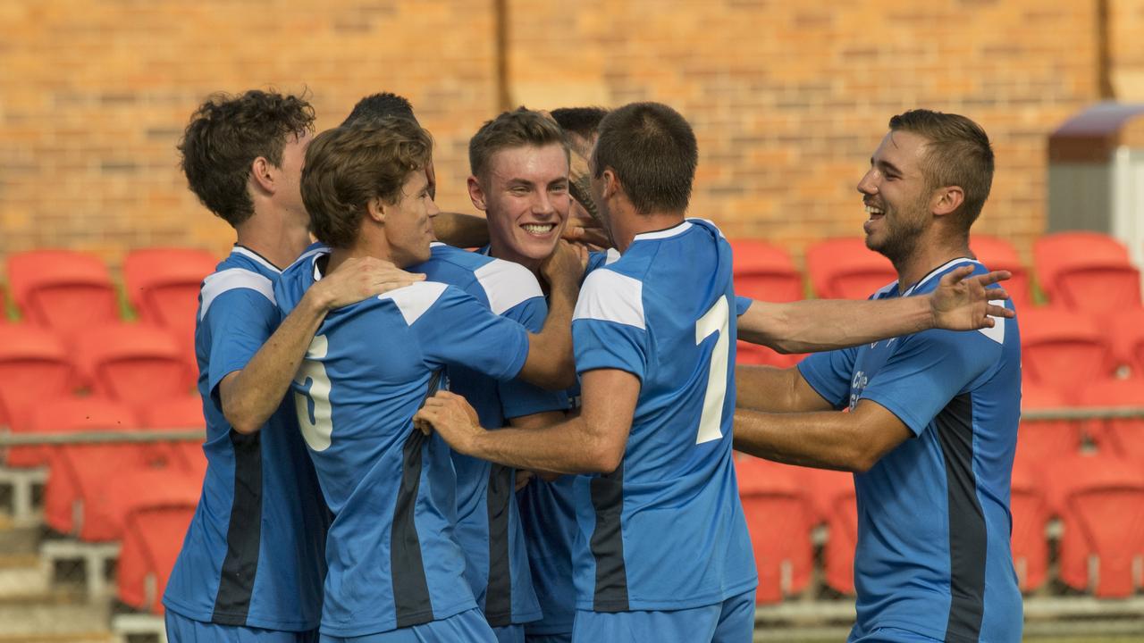 Thunder players celebrate their first goal of the match. Football Qld NPL, SW Qld Thunder vs Holland Park Hawks FC. Sunday, 1st Mar, 2020.