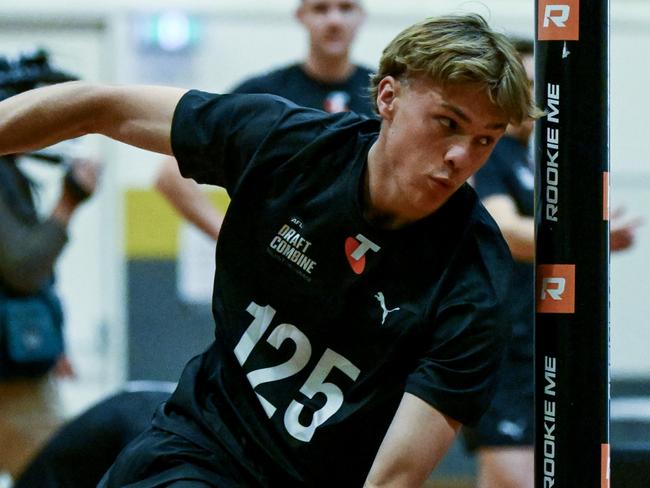 ADELAIDE, AUSTRALIA - OCTOBER 12: Jacob Molier of Sturt, South Australia during the boys  agility test during South Australia's 2024 AFL State Draft Combine at Nazareth College  on October 12, 2024 in Adelaide, Australia. (Photo by Mark Brake/AFL Photos/via Getty Images)