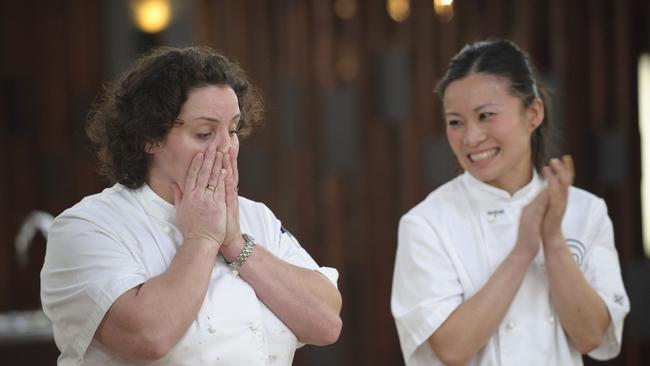 Julie Goodwin and Poh Ling Yeow react after Goodwin is announced as the winner of 'MasterChef Australia'.