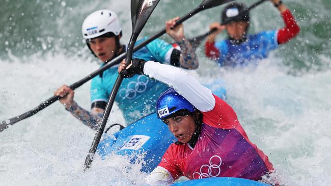 PARIS, FRANCE - AUGUST 03: Jessica Fox of Team Australia competes during the Canoe Slalom WomenÃ¢â¬â¢s Kayak Cross Round 1 on day eight of the Olympic Games Paris 2024 at Vaires-Sur-Marne Nautical Stadium on August 03, 2024 in Paris, France. (Photo by Alex Davidson/Getty Images)