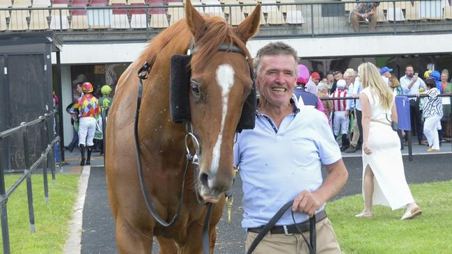 Race 8 - Canberra, 24 November 2024, Winner Mountain Chatter with trainer John Nisbet. Picture: Bradley Photos