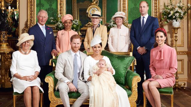 Archie’s official christening photograph: (L-R) Camilla, Duchess of Cornwall, Prince Charles, Prince of Wales, Ms Doria Ragland, Lady Jane Fellowes, Lady Sarah McCorquodale, Prince William, Duke of Cambridge and Catherine, Duchess of Cambridge in the Green Drawing Room at Windsor Castle. Picture: Chris Allerton/SussexRoyal via Getty Images.