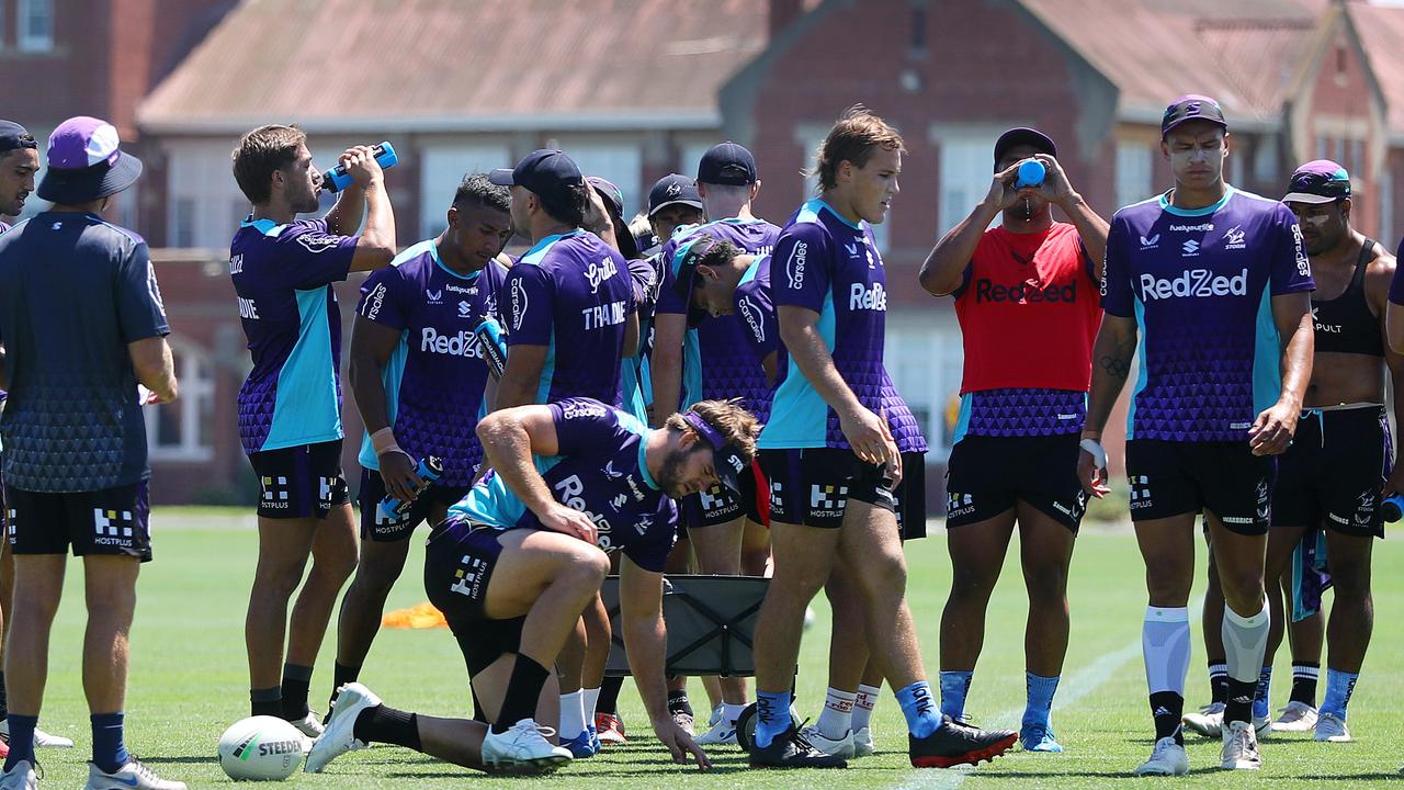 Melbourne Storm players training at Geelong Grammar. Picture: Alison Wynd