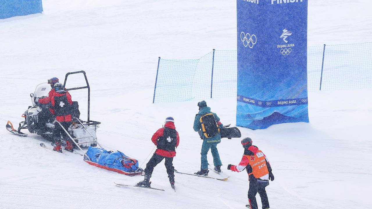 Belle Brockhoff is stretchered off the mountain. (Photo by Cameron Spencer/Getty Images)