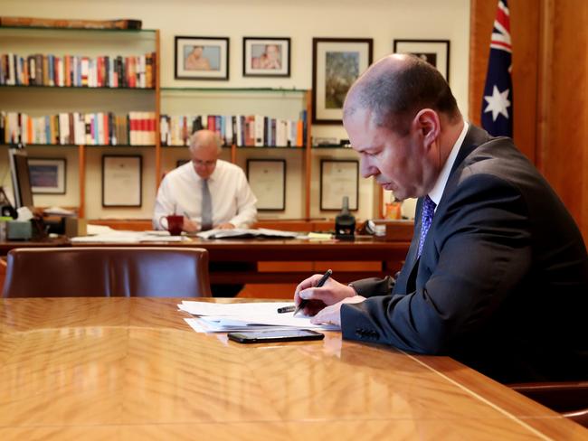 Prime Minister Scott Morrison along with Treasurer Josh Frydenberg announce a $800 million to enable businesses to take advantage of digital technologies to grow their businesses and create jobs as part of an economic recovery plan. Picture: Adam Taylor