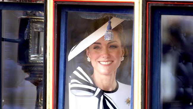 Catherine, Princess of Wales, smiles as she travels by carriage during Trooping of the Colour at Buckingham Palace on Saturday in London. Picture: Chris Jackson/Getty Images