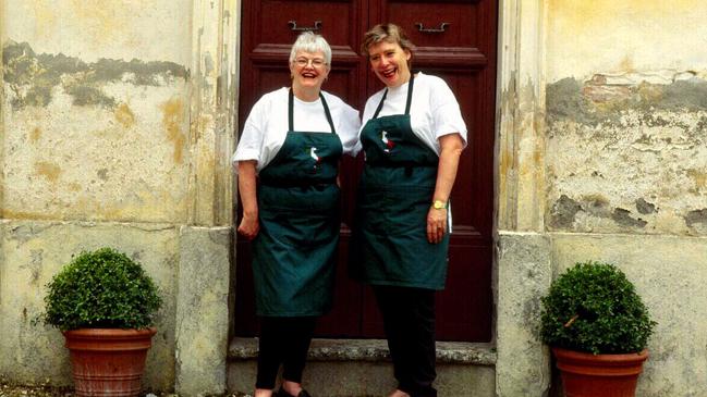 Chef Stephanie Alexander with author friend Maggie Beer outside 'Stephanies' restaurant in Melbourne.