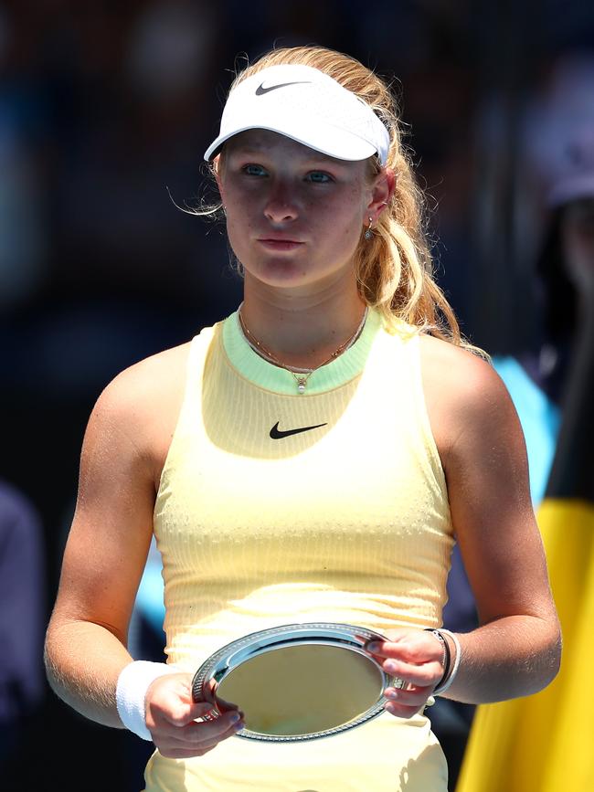 Emerson Jones of Australia poses with the runners-up trophy after their Junior Girls Singles Final match against Renata Jamrichova of Slovakia during the 2024 Australian Open Junior Championships at Melbourne Park on January 27, 2024 in Melbourne, Australia. (Photo by Graham Denholm/Getty Images)