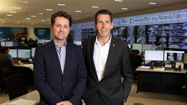 Sydney Metro City Acting Project Director Nathan Hoffmeister, left and Metro Trains Sydney CEO Daniel Williams at the Operations Control Centre in Tallawong. Picture: Tim Hunter.