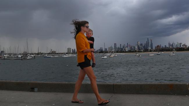 Rain and strong winds sweeping across Port Phillip Bay on Friday. Picture: David Crosling