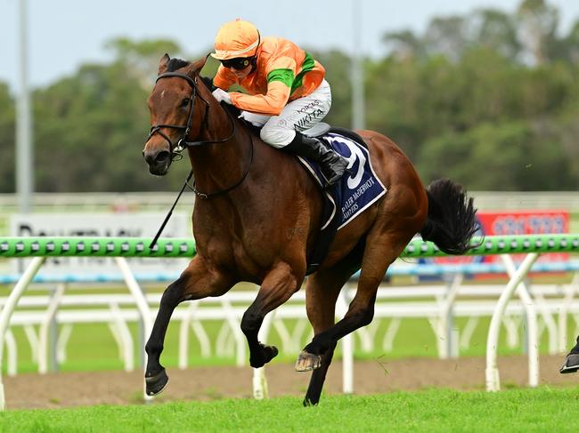 Nikita Beriman scoots home on Shalaa's Moment to win the Swiss Ace Plate for trainer Matt Hoysted. Picture: Grant Peters - Trackside Photography