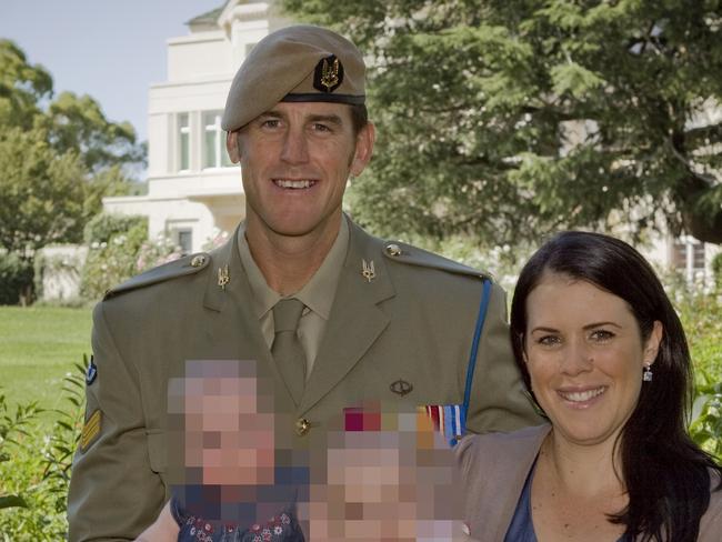 This version has been blurred to not identify the children. Latest Australian Victoria Cross recipient SAS soldier Corporal Ben Roberts-Smith VC, MG with his wife Emma and their 8-month old twins Eve and Elisabeth following Investiture Ceremony that was held for Roberts-Smith at Campbell Barracks, Swanbourne in Perth. Pic Lauren Black.