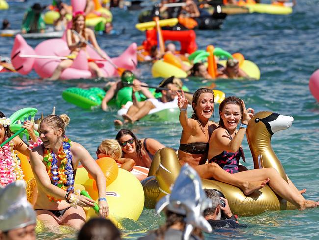 Participants enjoying themselves during the race. More than 750 people dressed in crazy costumes and inflatable boats to compete in the annual Manly Inflatable Boat Race, at Shelly Beach, on Sydney's Northern Beaches. Picture: Troy Snook