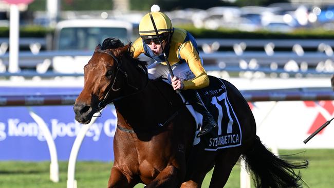 Zac Lloyd breaks through for his maiden Group 1 aboard Stefi Magnetica in the Stradbroke Handicap for trainer Bjorn Baker. Picture: Grant Peters - Trackside Photography.