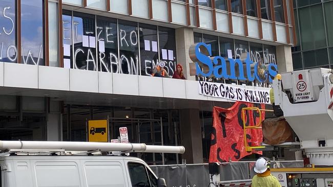 Slogans graffitied on the Santos building. Picture: Patrick James