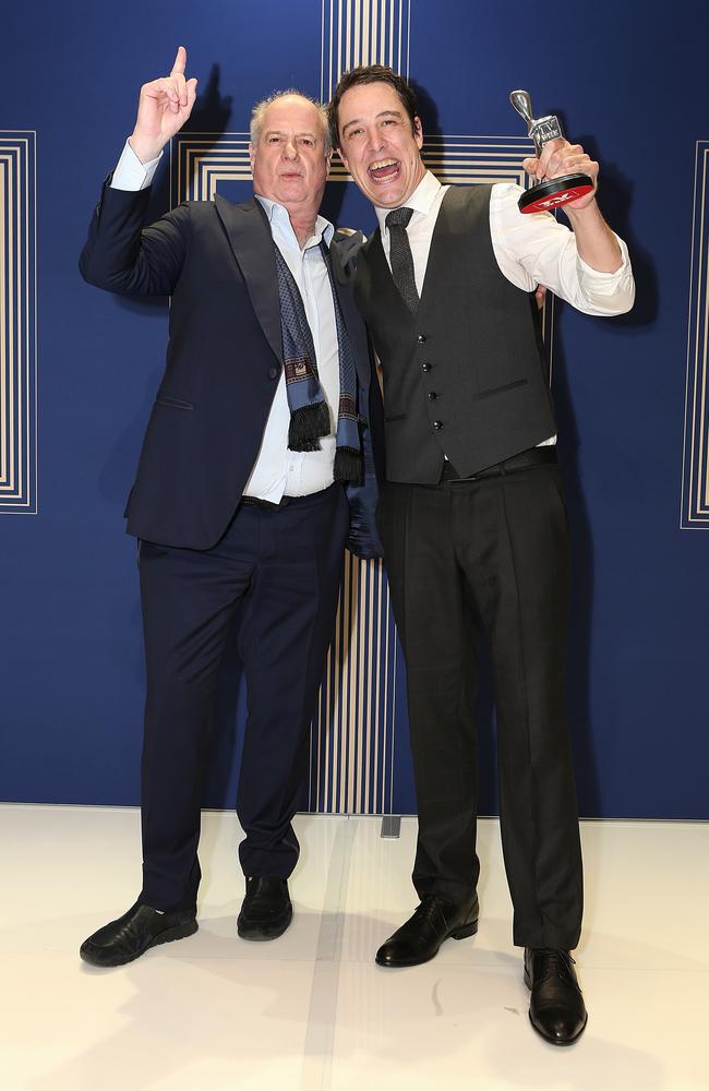 Michael Gudinski and Samuel Johnson with his Silver Logie for Best Actor in Molly. Picture: Julie Kiriacoudis